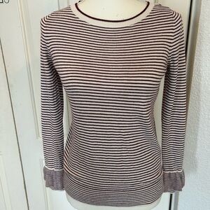 Loft Sweater Knit Striped Ruffle Cuff Cream Maroon Red Size Small Petite